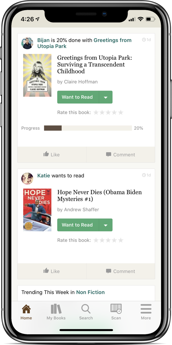 The Goodreads app, showing a feed of updates from friends